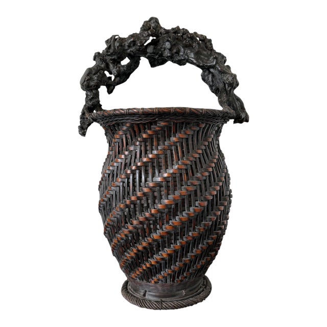 Extraordinary Smoke Bamboo Basket with Wisteria Root Handle Meiji Period For Sale