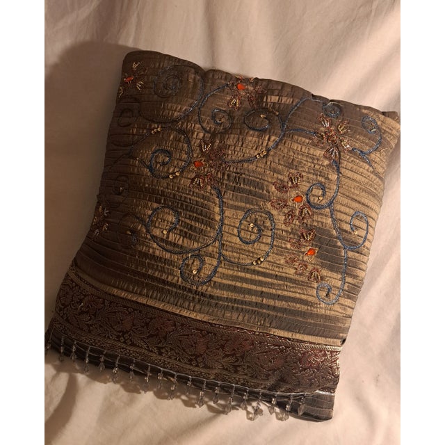 1980s Persian Style Hand Embroidered Beaded Cushion Pillow For Sale - Image 6 of 11