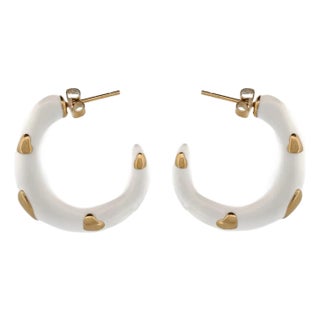 Gold Heart White Hoop Earrings, A Pair For Sale