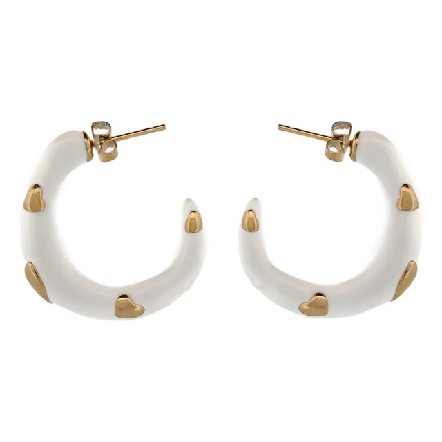 Gold Heart White Hoop Earrings, A Pair For Sale