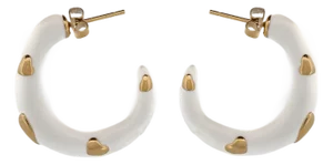 Gold Heart White Hoop Earrings, A Pair