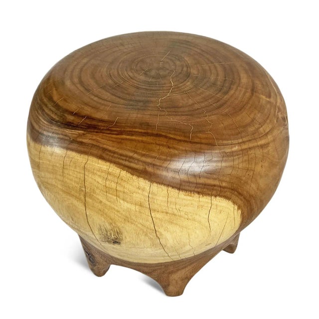 Vintage solid heavy acacia wood two tone round bulb design stool / side table. Each unique in natural wood patterns,...
