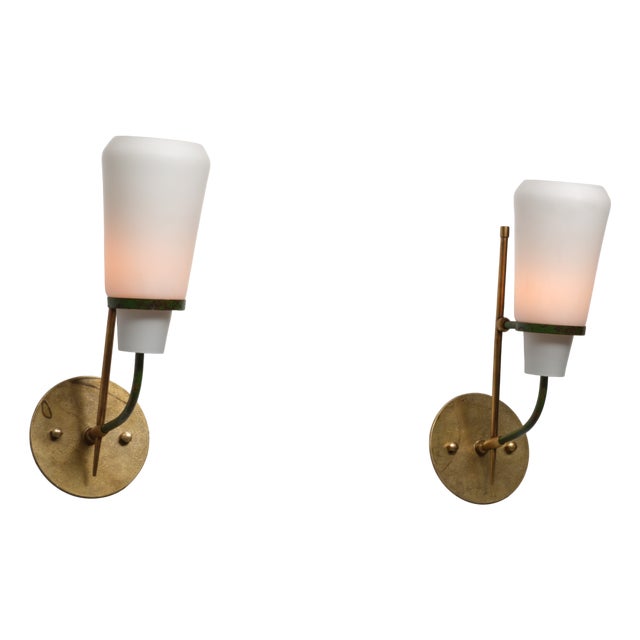 Vintage Italian Sconces in Brass with Green Lacquered Steel and Opaline Glass, 1950s, Set of 2 For Sale