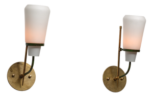 Vintage Italian Sconces in Brass with Green Lacquered Steel and Opaline Glass, 1950s, Set of 2