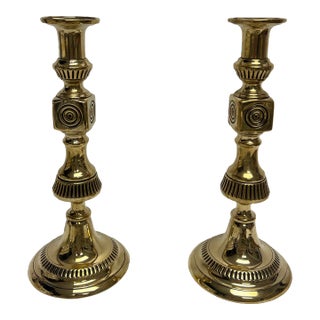 Antique 1880 Polished Brass Candlesticks, a Pair For Sale