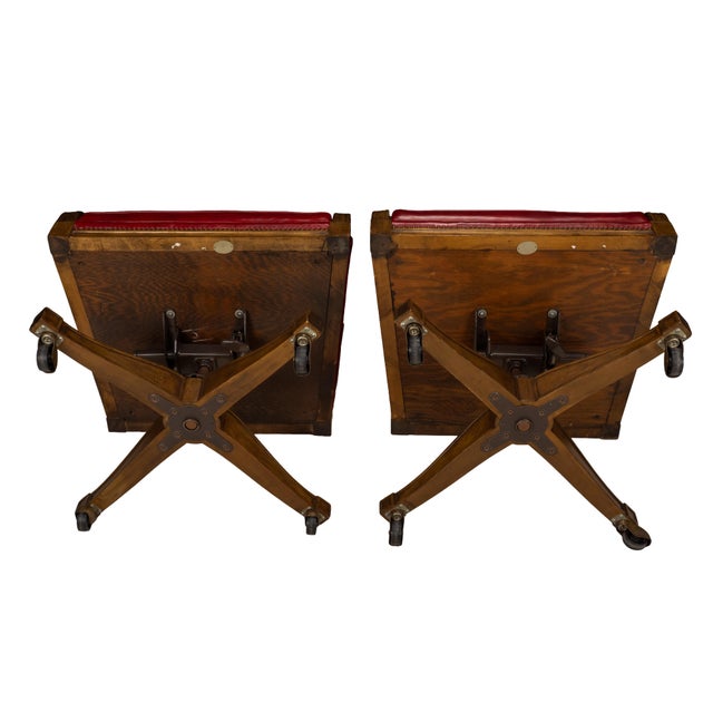 Pair of 1980s Baker Furniture Rolling Executive Chairs in Carved Wood & Burgundy Vinyl Upholstery For Sale - Image 14 of 18