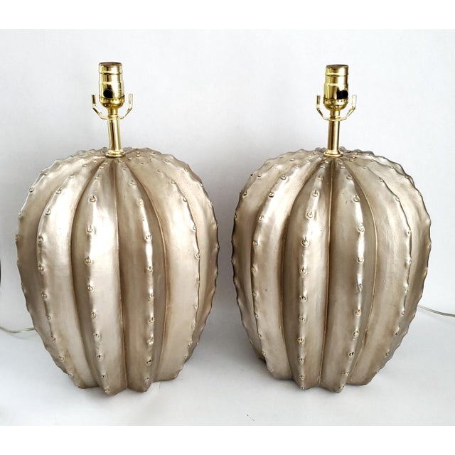 Late 20th Century Large Silver Painted Plaster Cactus Table Lamps - A Pair For Sale In Miami - Image 6 of 11