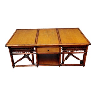 1990s Vintage Bamboo Coffee Table With Two Drawers and Intergrated Stools - Set of 3 For Sale