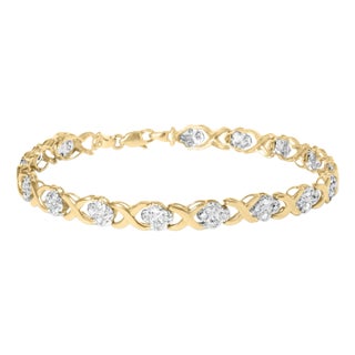 10K Yellow Gold over .925 Sterling Silver 1.0 Cttw Diamond Cluster X Link Tennis Link Bracelet - 7" For Sale