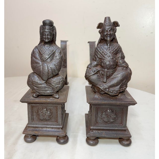 Up for sale is a pair of antique 19th-century Chinese Emperor and Empress cast iron fireplace andirons. These rare...