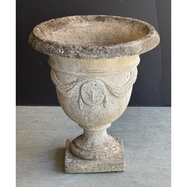 Mid 20th Century English Garden Stone Urn or Planter Pot With Garland Motif For Sale - Image 5 of 13