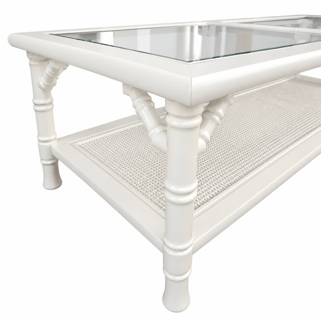 White Vintage Faux Bamboo Glass Top Coffee Table in Super White Satin For Sale - Image 8 of 12