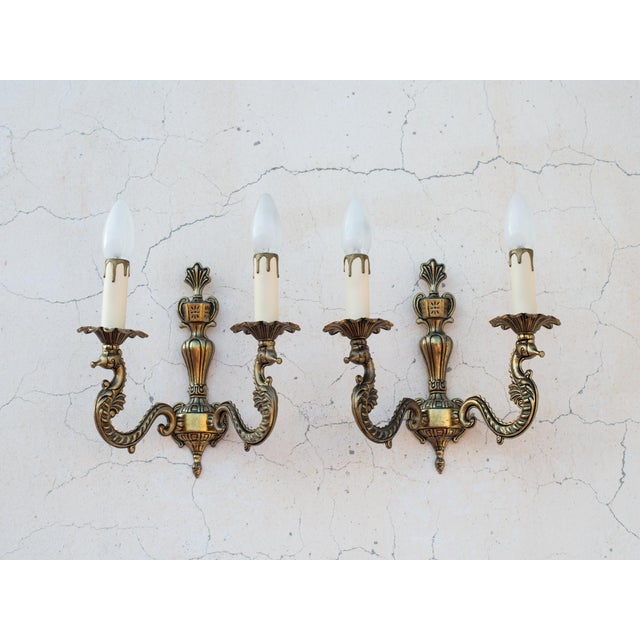 Brass 1960s Spanish French Neoclassical Cast Brass 2-Light Sea Horse Wall Sconces - A Pair For Sale - Image 8 of 9