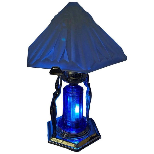 Silver 1980s Frankart Era Art Deco Style Chrome & Cobalt Figural Lamp With Vivian Glass Shade For Sale - Image 8 of 10