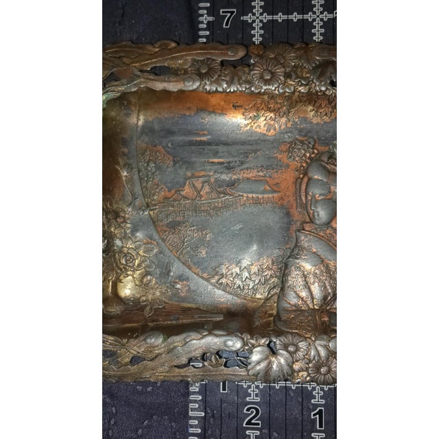 Metal Antique Japanese Mixed Metal Geisha Plaque – Pierced Ornate Wall Tray – 7×5" For Sale - Image 7 of 13