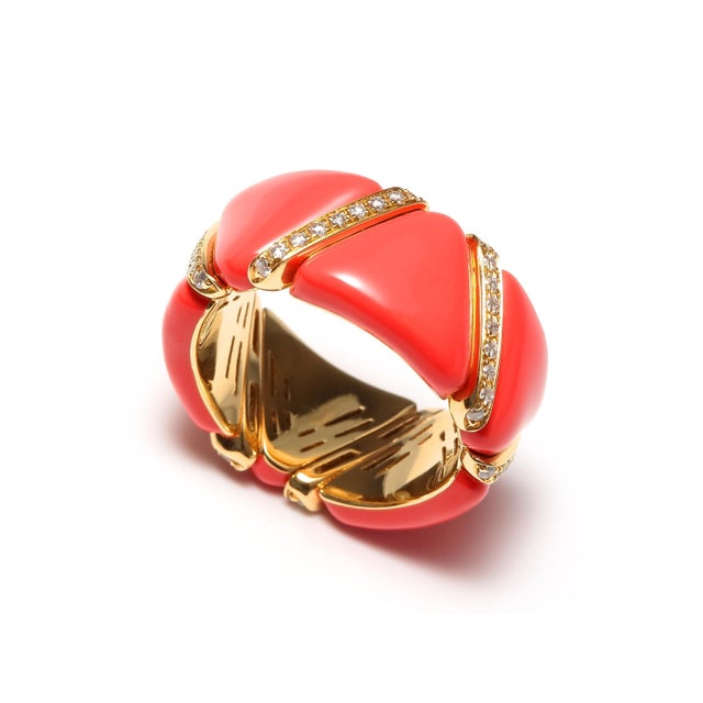 Diamond Enamel Red Coral Glaze Ring Diamond Red Coral Enamel Flexible Eternity Band Unique 18 Karat Yellow Gold Ring...