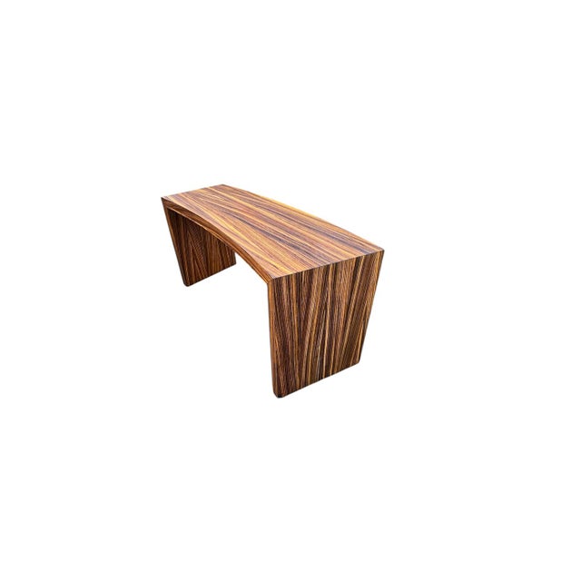 Very stylish Waterfall desk or Console Table, semicircular on one side, crafted in beautifully figured Macassar Veneer....