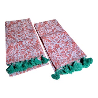Pair Unused White Cotton, Coral Floral, Teal Tasseled Hand Towels For Sale
