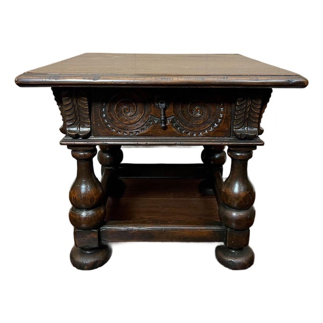 Antique English Side End Table Small Square Carved Oak Jacobean Revival C1910 For Sale