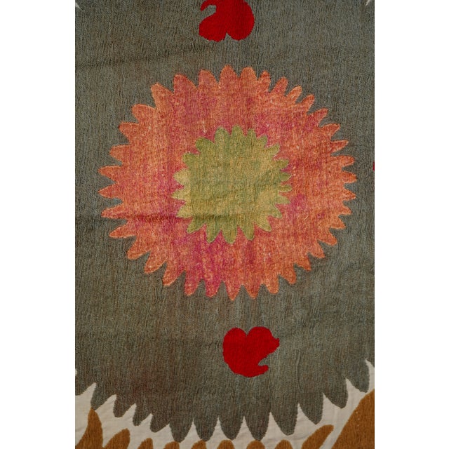 Suzani Wall Hanging, Mustard Green Red Uzbek Hand Embroidery 4'2'' X 4'5'' For Sale - Image 9 of 10