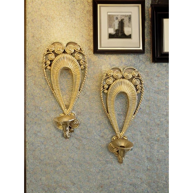 2 VTG Egyptian Inspired Ornate Faux Wicker & Rattan Scrolled Homco Candle Holders Set, Wall Hanging Decorative Candle Votives Gilded Gold Wall Sconces For Sale - Image 9 of 11