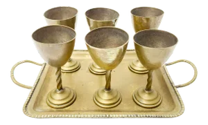Mid-Century Modern Hand Crafted Brass Aperitif Serving Set - 7 Pieces