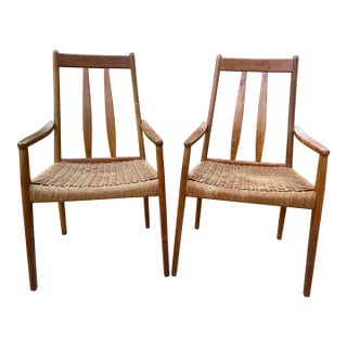 Vintage Teak Scandinavian Modern Armed Accent or Dining Chairs With Rope Cord Seats- a Pair For Sale