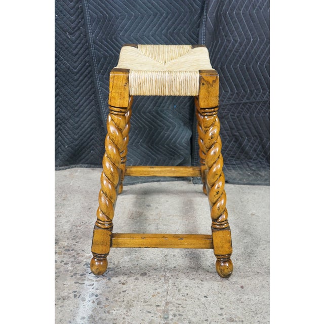 2 Vintage Spanish Revival Country French Barley Twist Stools Rush Saddle Seats For Sale - Image 13 of 17