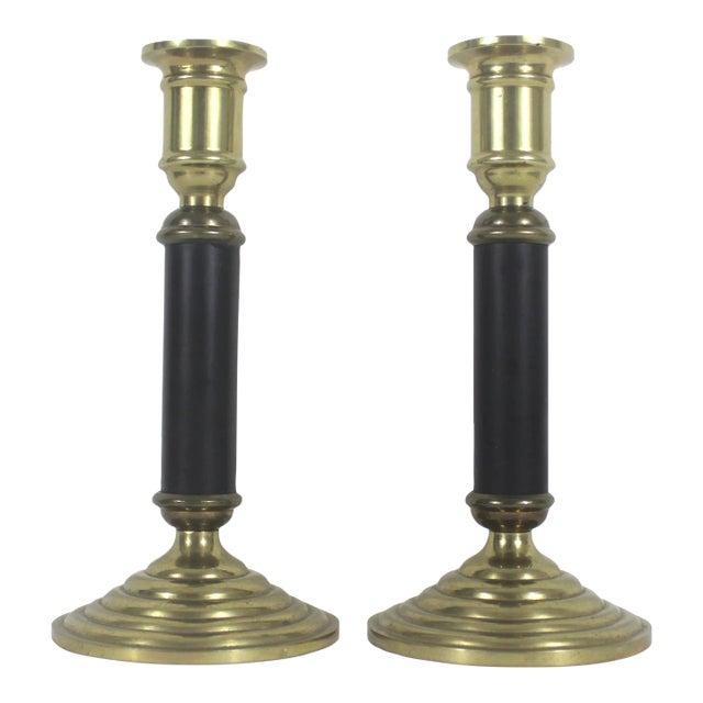 Mid Century Set of 2 Vintage Brass and Black Candle Holders For Sale