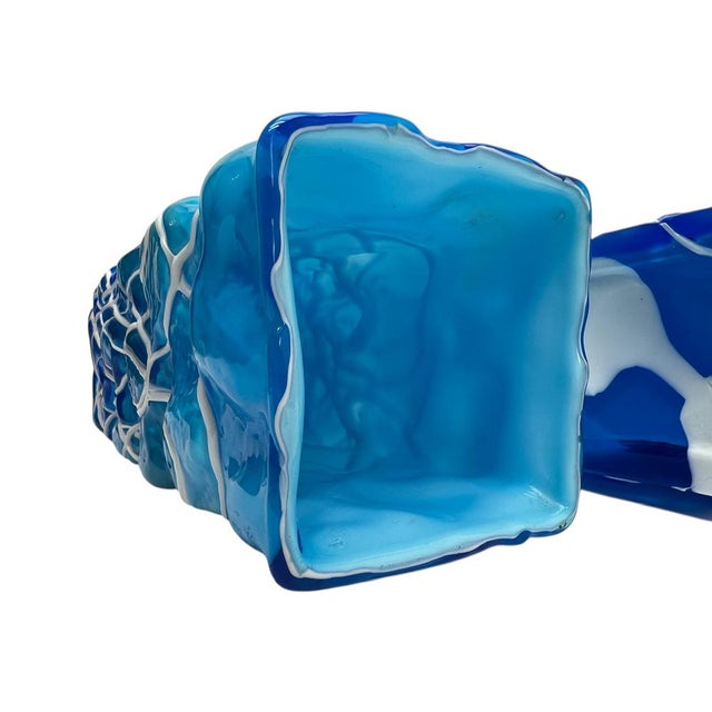 Glass Hand-Blown Blue Art Glass Vases with White Trailing, 1980s, Set of 2 For Sale - Image 7 of 11