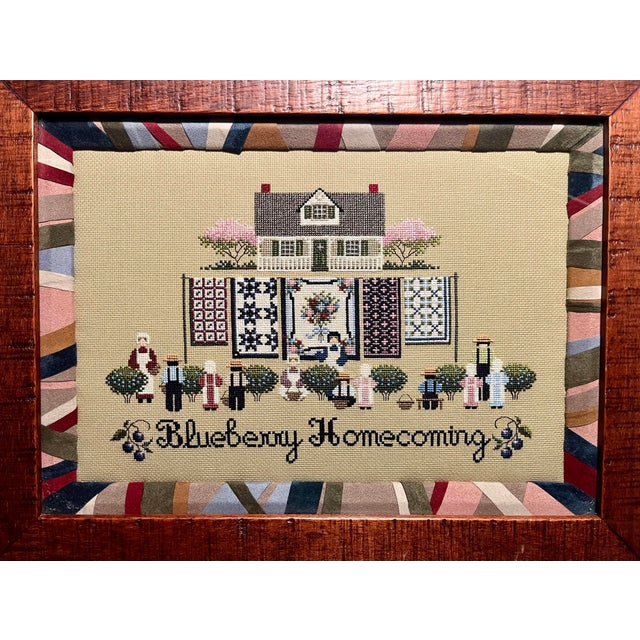 Vintage Cross Stitch Amish Art "Blueberry Homecoming" Framed with Museum Glass Aprox. dimensions: Frame: 15"H x 19"W...