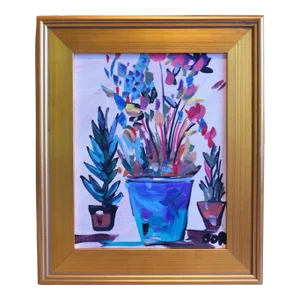 Colorful Potted Plants & Flowers Painting W/ Antiqued Gold Wood Frame