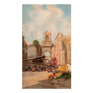Oscar Ricciardi, Animated Piazza Scene, Oil on Panel For Sale