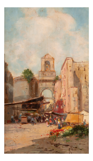 Oscar Ricciardi, Animated Piazza Scene, Oil on Panel