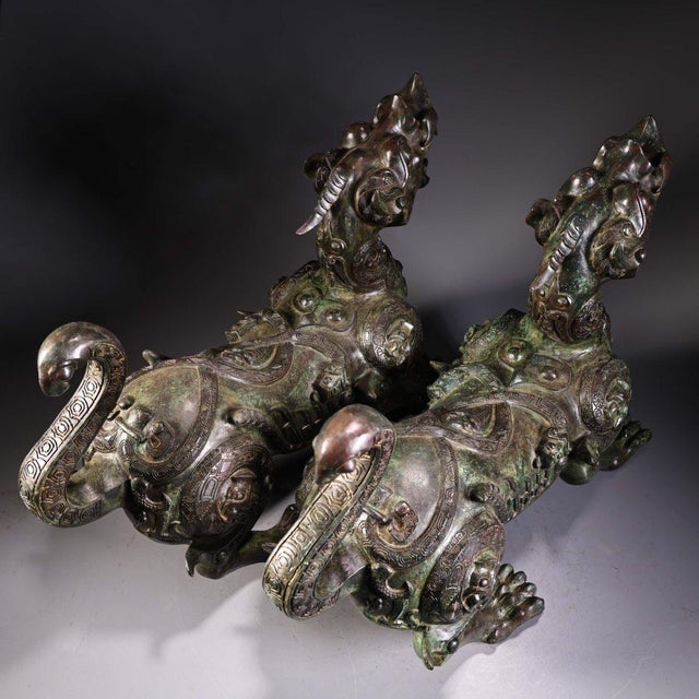 Late 20th Century Pair of Archaic Style Bronze Mythical Beast Figures For Sale - Image 4 of 10