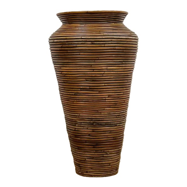 Pencil Reed Rattan Gabriella Crespi Style Tall Vase Vintage Coastal Boho MCM For Sale