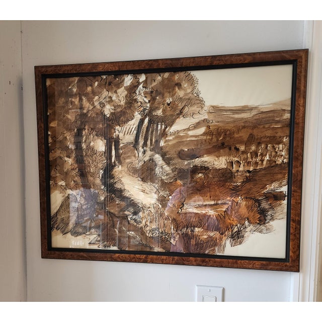 Mid-Century Modern William Lyberis Signed Mid-Century Sepia Watercolor Landscape Painting For Sale - Image 3 of 17