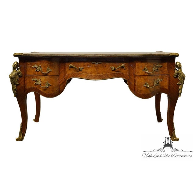 VINTAGE French Provincial Louis XV Burled Walnut & Kingwood Bureau Plat / Executive Desk w. Tooled Leather Top & Gilt...