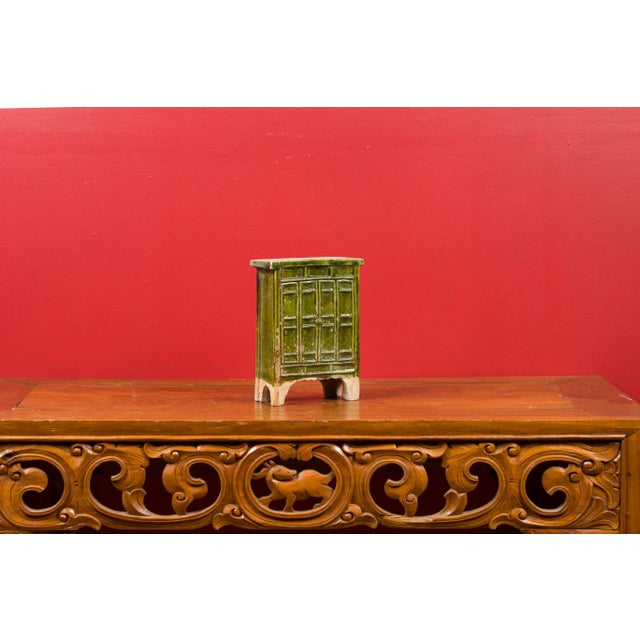 Early 21st Century Chinese Ming Dynasty Period Green Glazed Miniature Armoire with Bracket Feet For Sale - Image 12 of 13