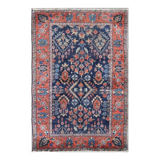 Antique Persian Tabriz Carpet With Botanical Elements in Navy Blue, Red-Orange For Sale