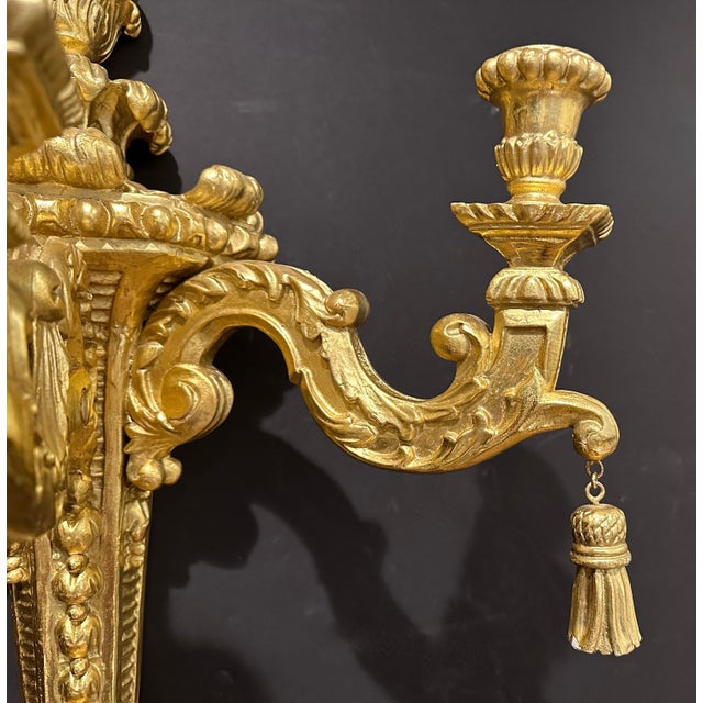 Mid 20th Century Mid 20th Century Pair Of French Louis XVI Carved Giltwood 3-Arm Sconces For Sale - Image 5 of 8