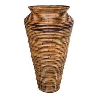 Vintage Oversized Pencil Rattan Floor Vase or Umbrella Stand For Sale