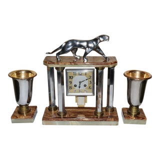1920s Art Deco Michel Decoux Panther Marble & Chrome Clock - 3 Piece Set For Sale