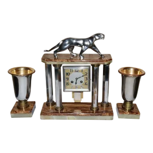 1920s Art Deco Michel Decoux Panther Marble & Chrome Clock - 3 Piece Set