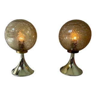 Bedside Table Lamps with Gold Colored Base and Patterned Glass Shade from Briloner Leuchten, Germany, 1970s, Set of 2 For Sale
