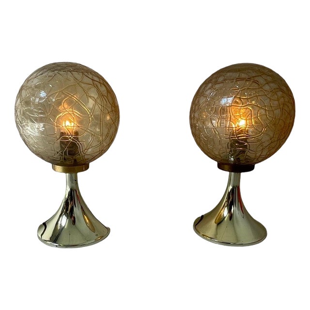 Bedside Table Lamps with Gold Colored Base and Patterned Glass Shade from Briloner Leuchten, Germany, 1970s, Set of 2 For Sale