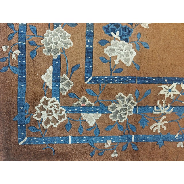Textile 1920s Minimalist Open Brown Field Floral Chinese Room Size Peking Wool Rug For Sale - Image 7 of 7