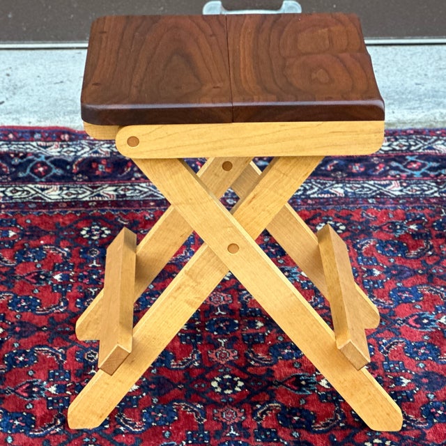 Contemporary Artisan Made Shaped Walnut & Maple Wooden Folding Seat or Bench For Sale - Image 3 of 12