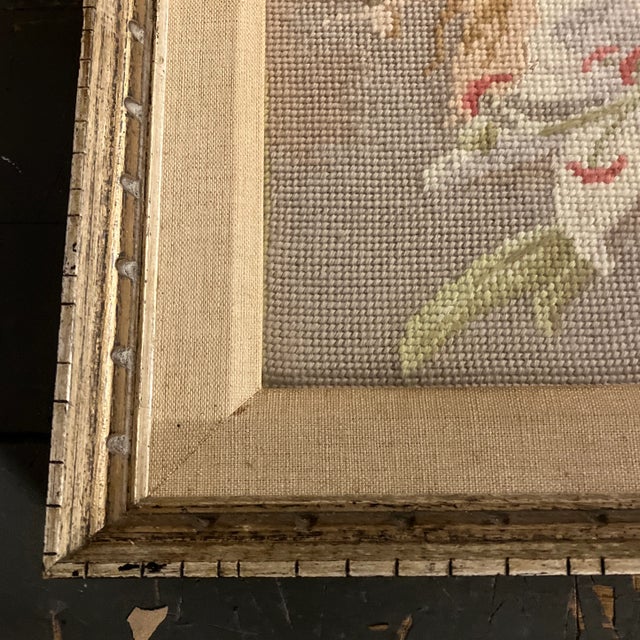 Hollywood Regency 1950’s Original Hand Done Needlepoint Picture Female Portrait With Flowers Original Frame Ny Label For Sale - Image 3 of 6