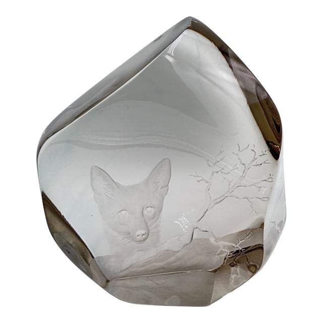 MCM Strpmbergshyttan Studio Art Engraved Fox Glass Iceberg Sculpture Decor For Sale